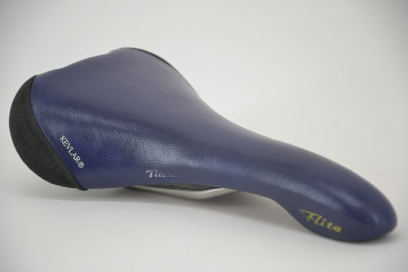 Vintage Selle Italia Flite Titanium saddle in navy blue leather